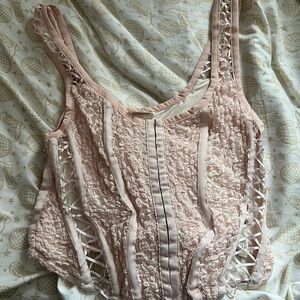 Free People Pink Textured Lace-Up Top